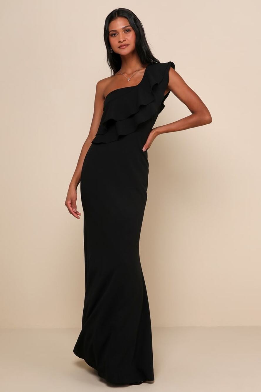 NWT Lulus Grand Beauty Black Ruffled One-Shoulder Mermaid Maxi Dress Goth Size S